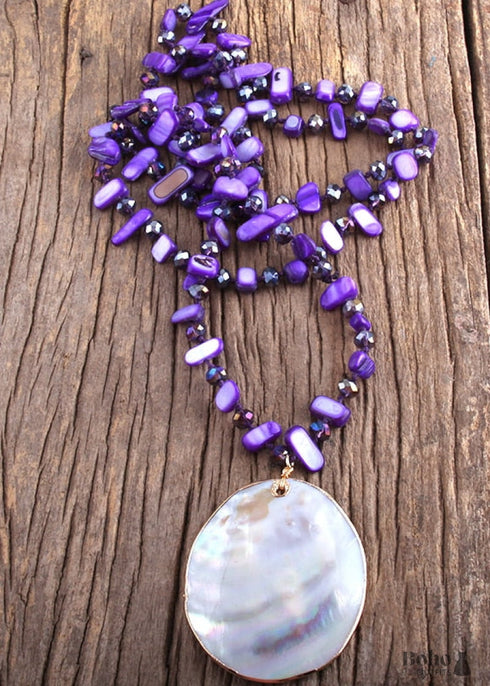 Boho Necklace, RH Pink Rose Crystal Shell